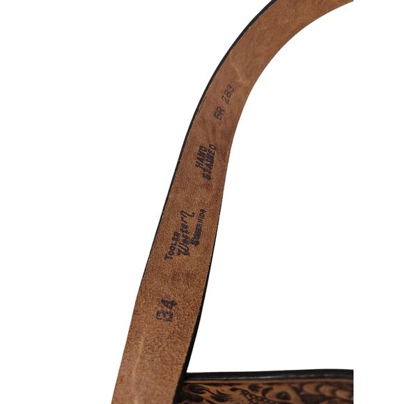 Vintage Size 34 Tooled Western Brown Leather Belt Rodeo Cowboy Boho Hand Stamped - Picture 2 of 2